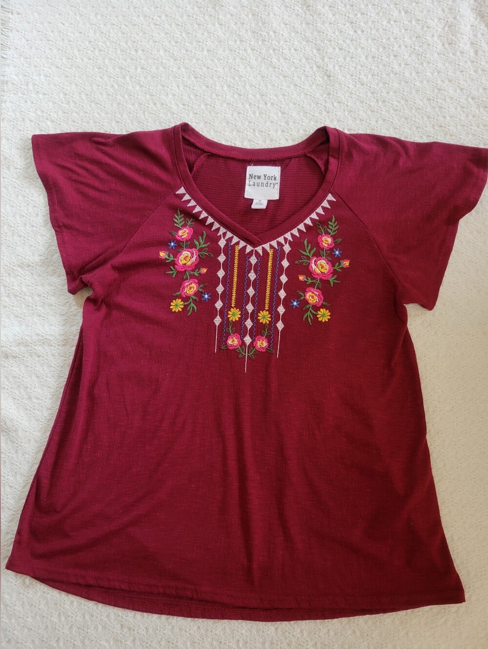 New York Laundry Burgundy Floral Embroidered V-Neck Tee